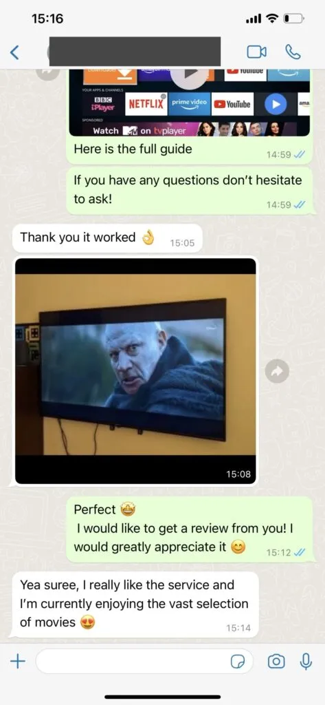 Tashan IPTV WhatsApp customer feedback chat screenshot 1