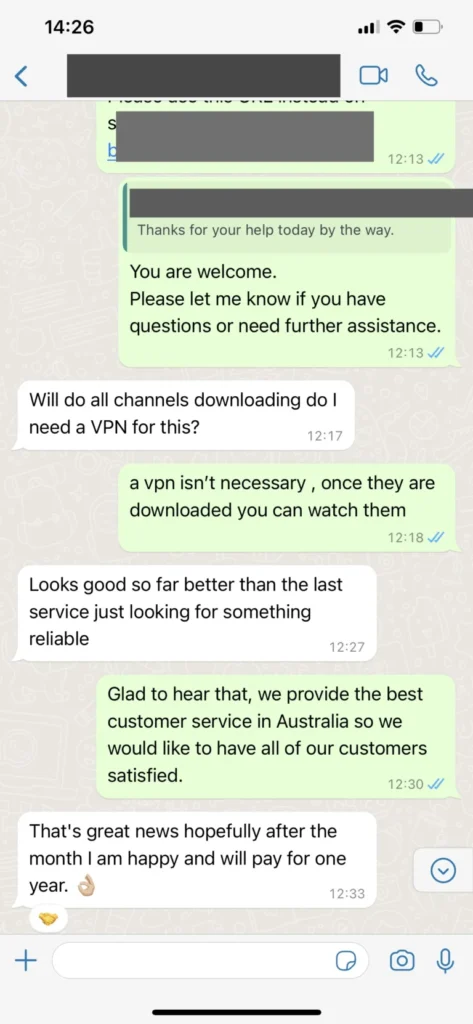 Tashan IPTV WhatsApp customer service conversation screenshot 3